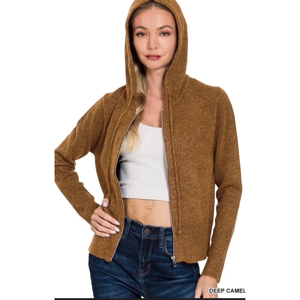 Zenana Drawstring Zip Up Hooded Cardigan Sweater